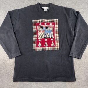 Talbots Black Moose‎ Plaid Patchwork Christmas Holiday Sweatshirt Womens Small